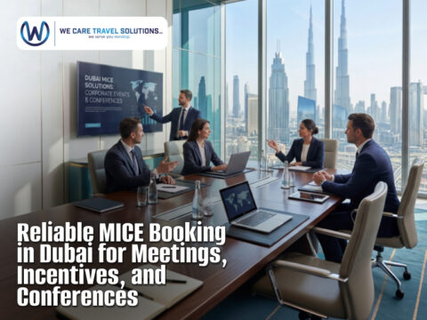 A business team conducting a meeting in a modern conference room with a view of Dubai's skyline. The screen displays "Dubai MICE Solutions: Corporate Events & Conferences."