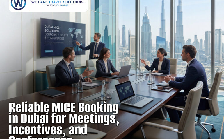A business team conducting a meeting in a modern conference room with a view of Dubai's skyline. The screen displays "Dubai MICE Solutions: Corporate Events & Conferences."
