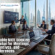 A business team conducting a meeting in a modern conference room with a view of Dubai's skyline. The screen displays "Dubai MICE Solutions: Corporate Events & Conferences."